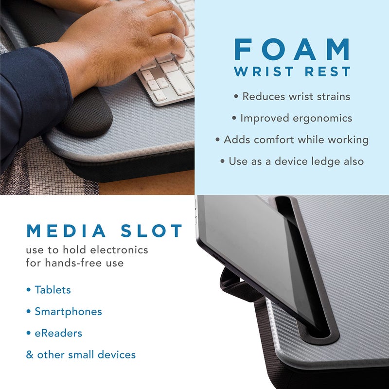 LAPGEAR Memory Foam Lap Desk with Wrist Rest and Media Slot - Large - Silver Carbon - Fits up to 17.3 Inch Laptops and Most Tablets - Style No. 91365 - Image 4